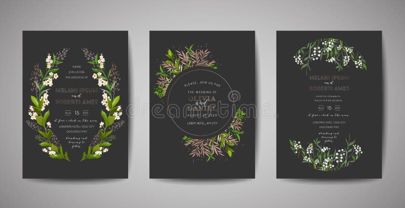Το σύνολο γαμήλιας πρόσκλησης, floral σας προσκαλεί, ευχαριστεί, rsvp αγροτικό σχέδιο καρτών με τη χρυσή διακόσμηση φύλλων αλουμι διανυσματική απεικόνιση